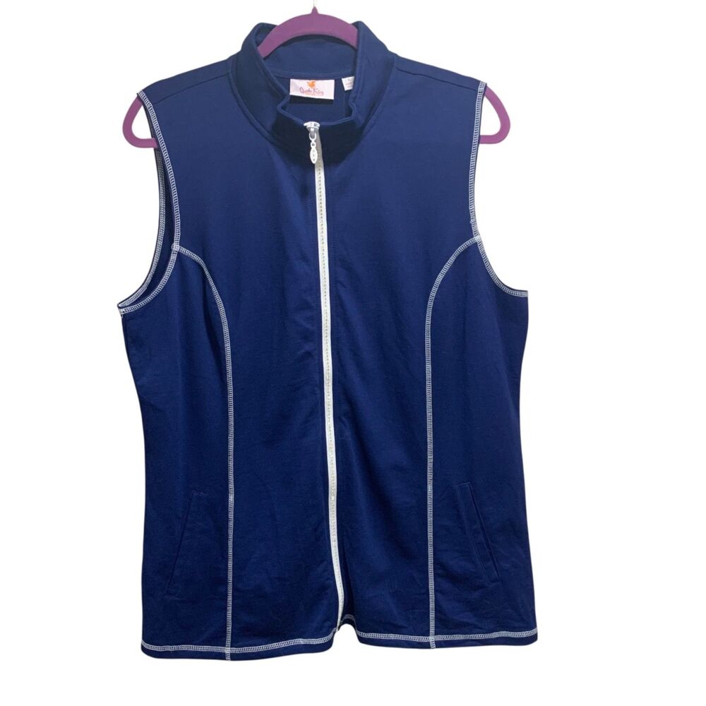 Quaker Factory Womens Blue Rhinestone Zipper Vest L NWT Nautical Coastal Cruise